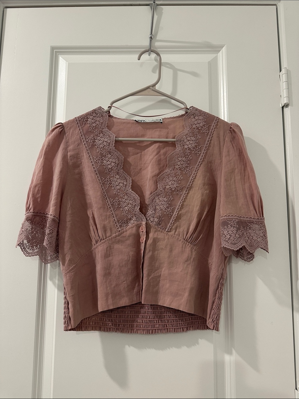 Zara Dusty Rose Lace-Trim V-Neck Button Crop Blouse